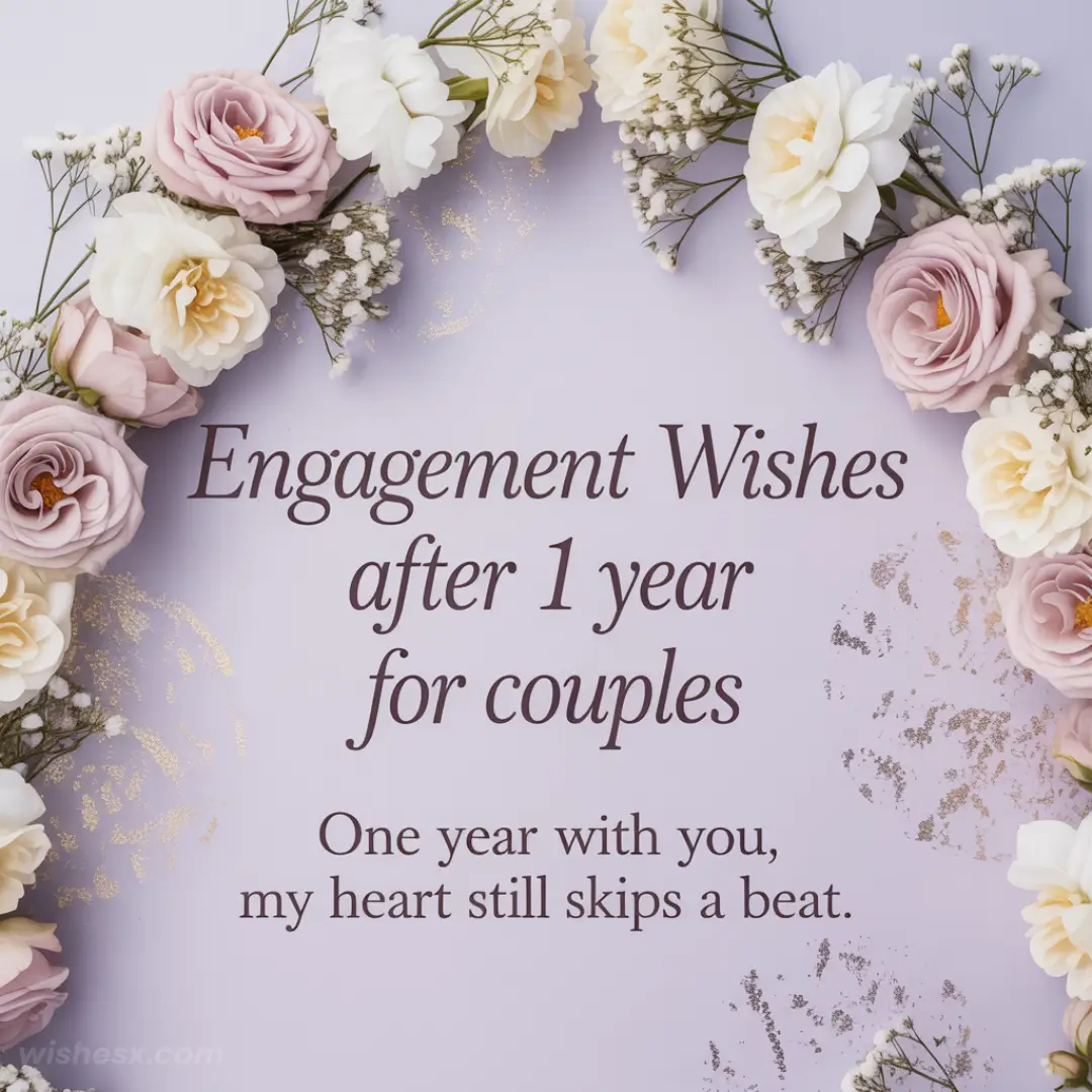 Elegant floral border of roses and baby's breath on light lavender background, featuring romantic text about engagement anniversaries for couples.