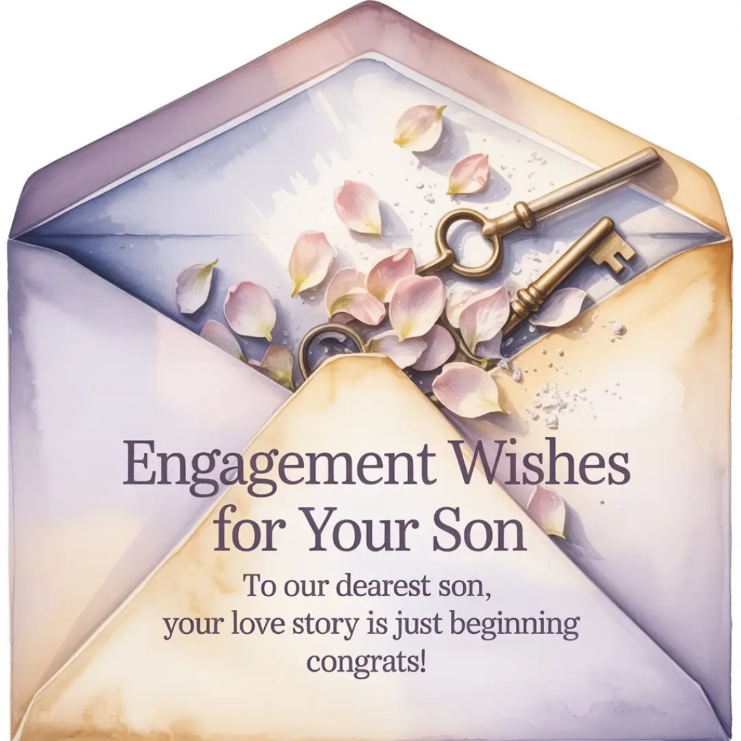 An open envelope filled with pink petals and two vintage keys, set against a soft gradient background. Text reads, "Engagement Wishes for Your Son."