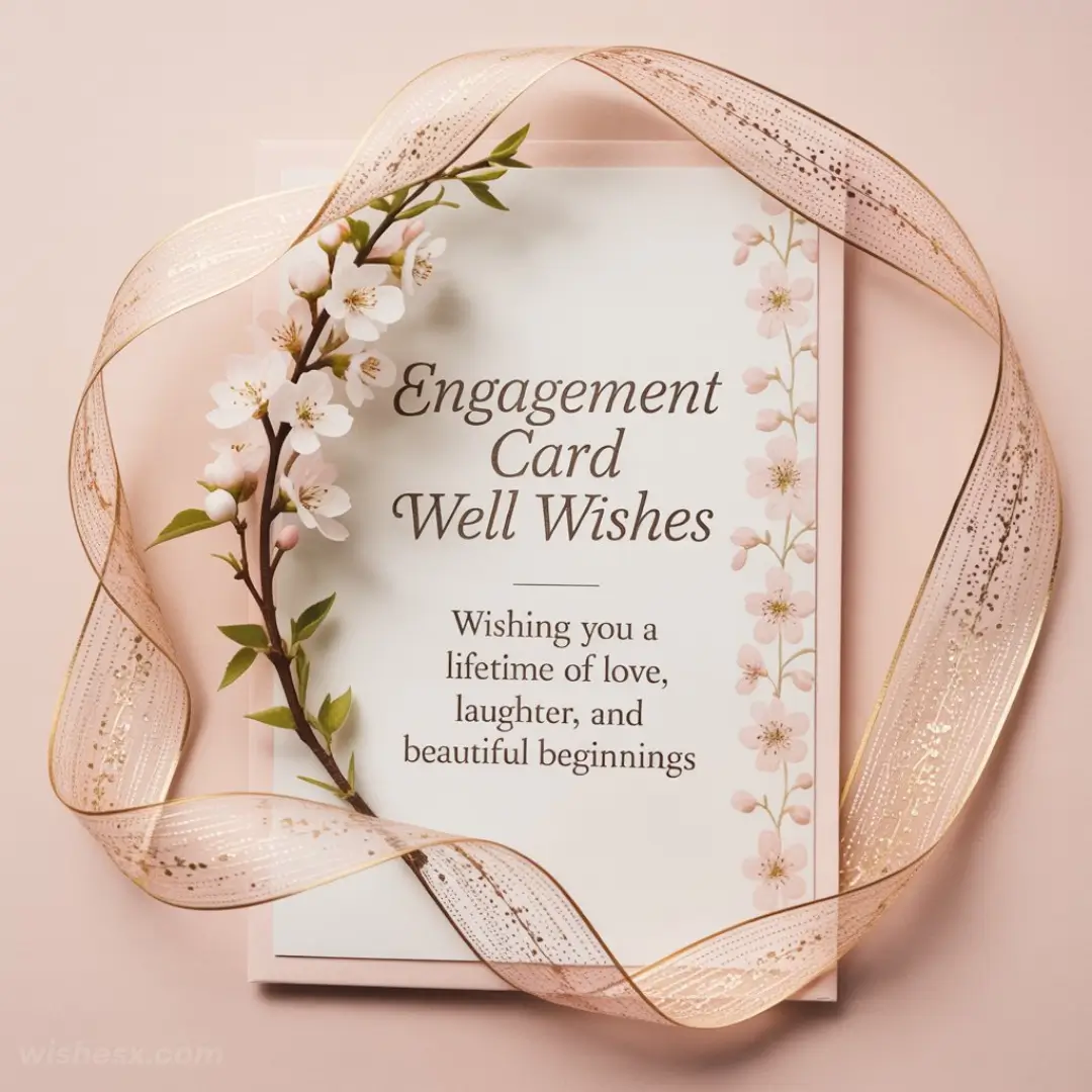 An elegant engagement card with floral details and gold ribbon. Text reads "Wishing you a lifetime of love, laughter, and beautiful beginnings."