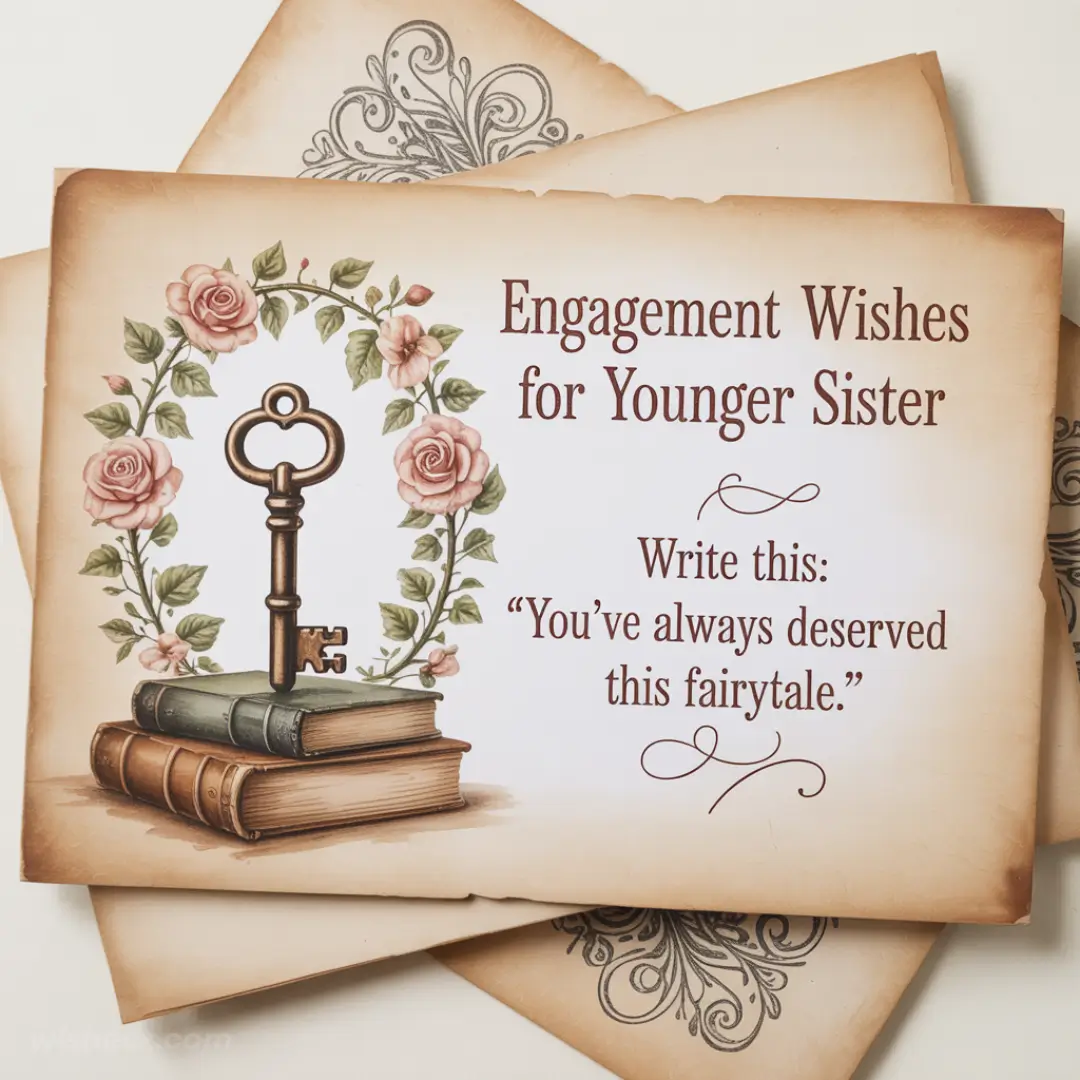 An elegant engagement card for a younger sister, featuring a vintage key atop books and a floral rose wreath. Text reads, "You've always deserved this fairytale."