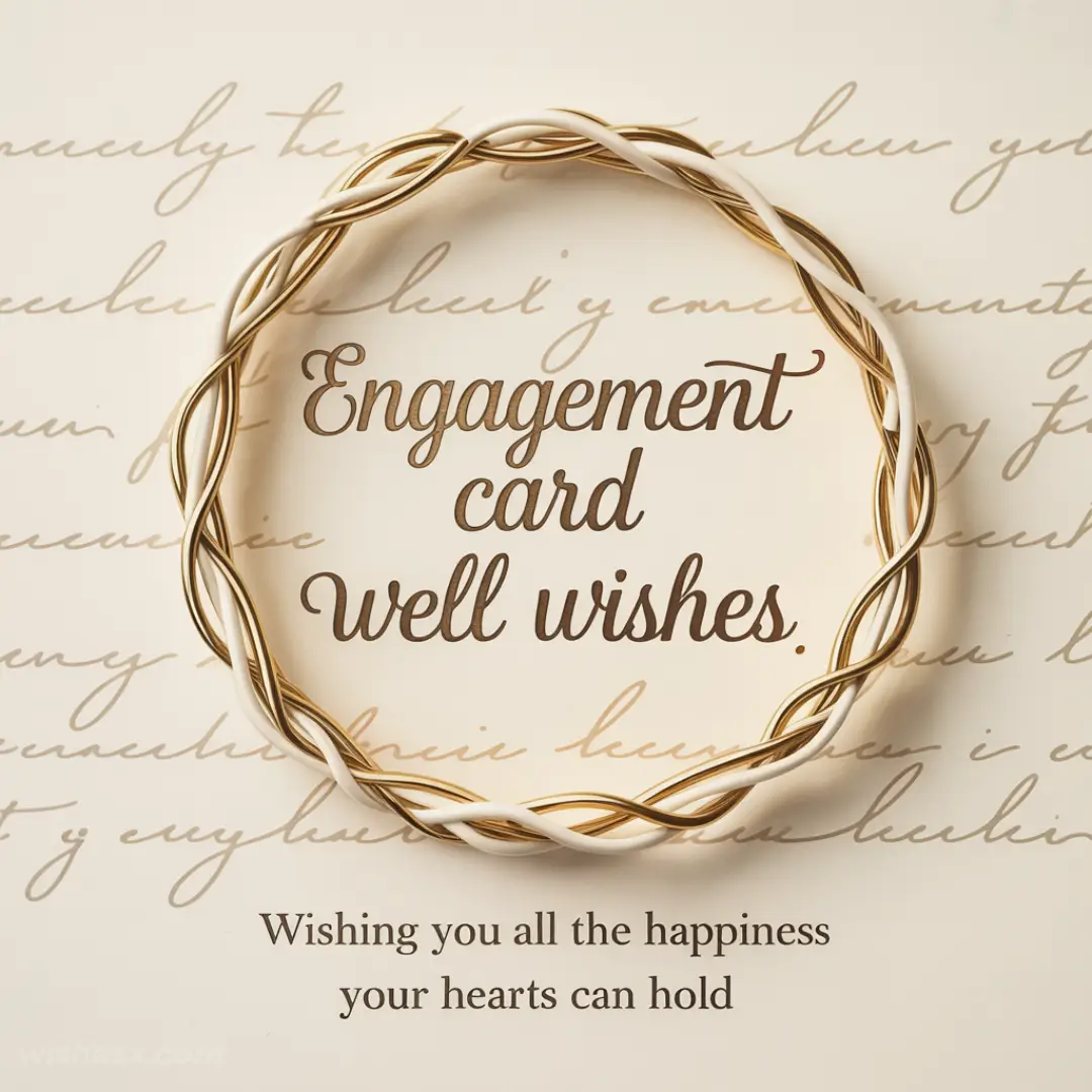 Elegant engagement card with "Well wishes" in a gold and white spiral frame on a background of handwritten text. Tone is warm and celebratory.