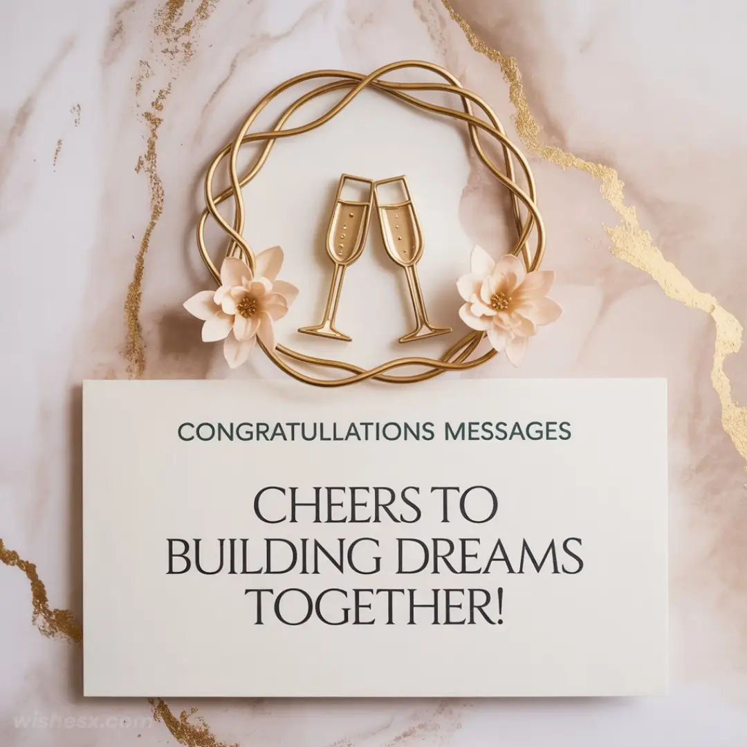 Elegant card on marble background with gold champagne glasses and flowers. Text reads, "Congratulations Messages: Cheers to Building Dreams Together!"