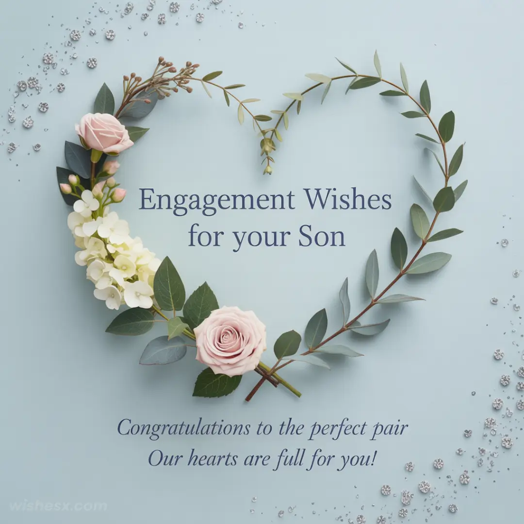 A heart-shaped floral wreath with pink and white roses, green leaves, and small flowers. Text reads "Engagement Wishes for your Son. Congratulations to the perfect pair. Our hearts are full for you!" on a light blue background.