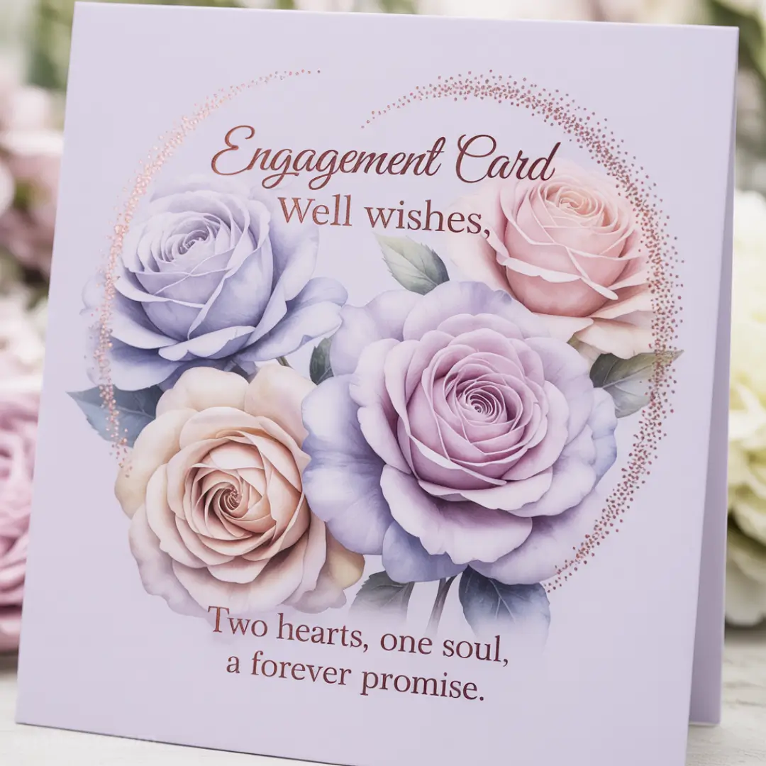 Engagement card with pastel roses, surrounded by a heart design. Message reads, "Well wishes, two hearts, one soul, a forever promise." Elegant and romantic.