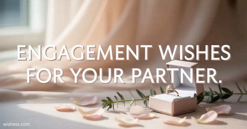 An elegant engagement ring in a velvet box with soft fabric and rose petals, accompanied by the text "Engagement Wishes for Your Partner."