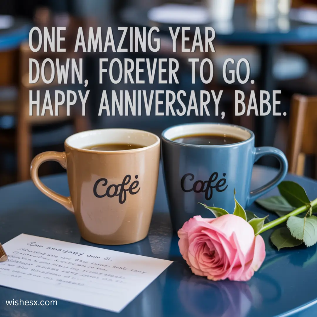  A coffee mug with the text "Happy Anniversary Babe" in a cheerful font, set against a light background.