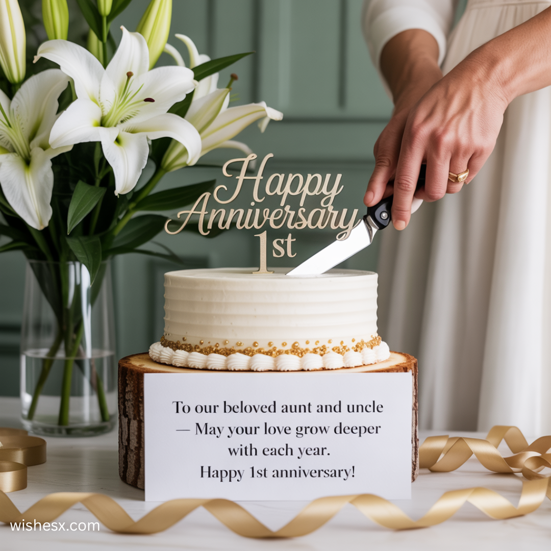  A woman joyfully cuts a cake adorned with a "Happy Anniversary" sign, celebrating a special occasion.
