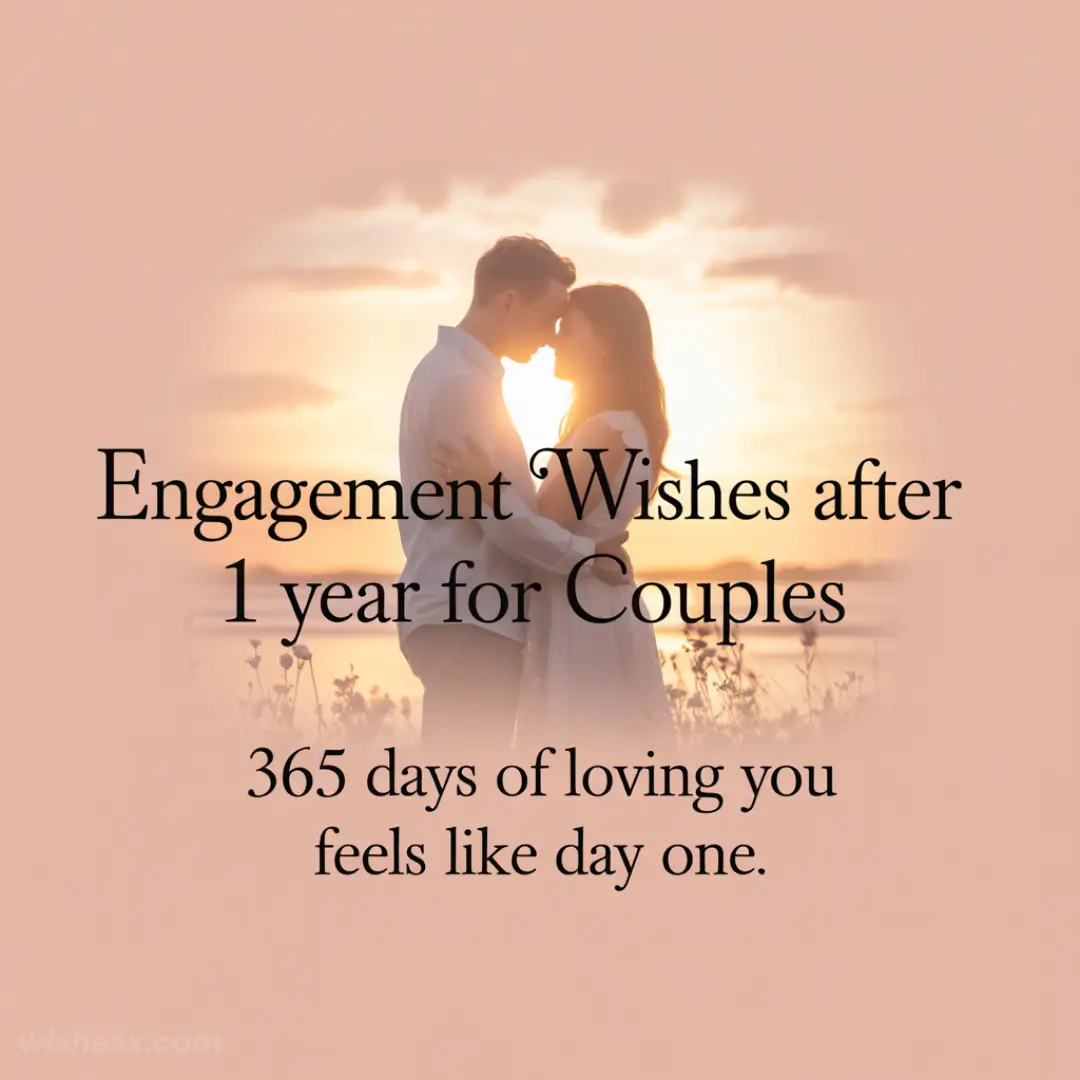 A couple embraces at sunset in a field, creating a romantic silhouette. Text overlay: "Engagement Wishes after 1 year for Couples. 365 days of loving you feels like day one."
