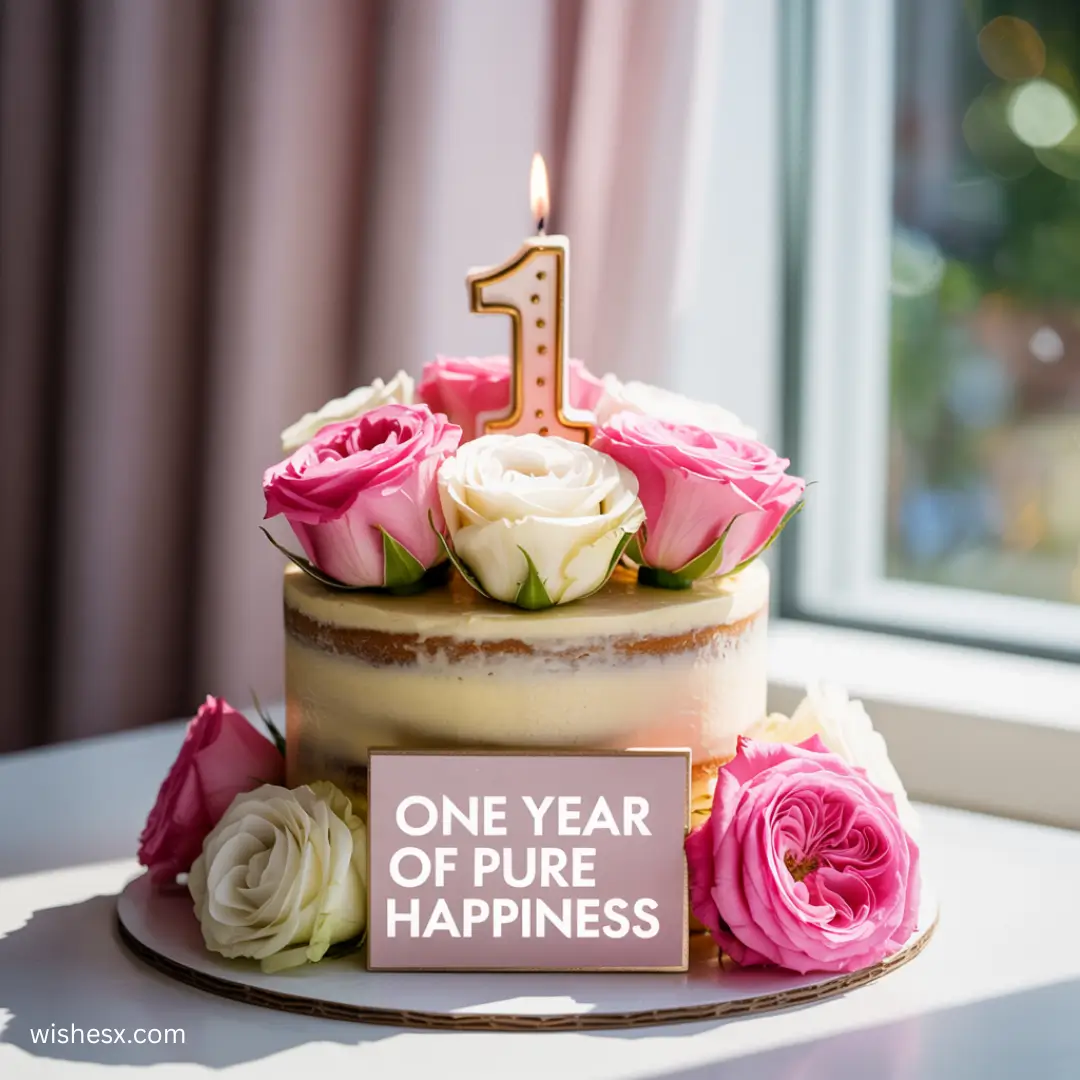  A celebratory cake decorated with "One Year of Pure Happiness" in colorful icing, surrounded by festive decorations.