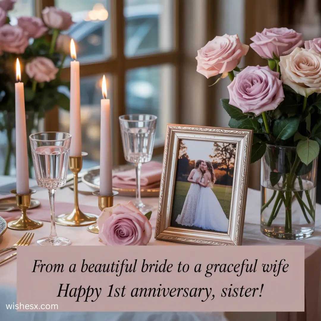 A heartfelt anniversary message celebrating a sister's journey from bride to grateful wife. 