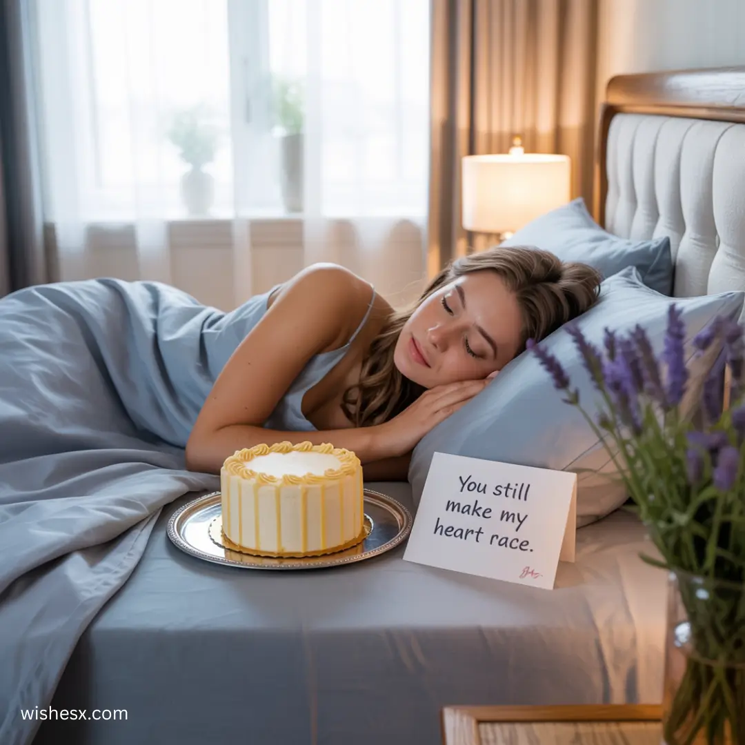 A woman peacefully sleeps in bed beside a plate of cake, creating a cozy and indulgent atmosphere.