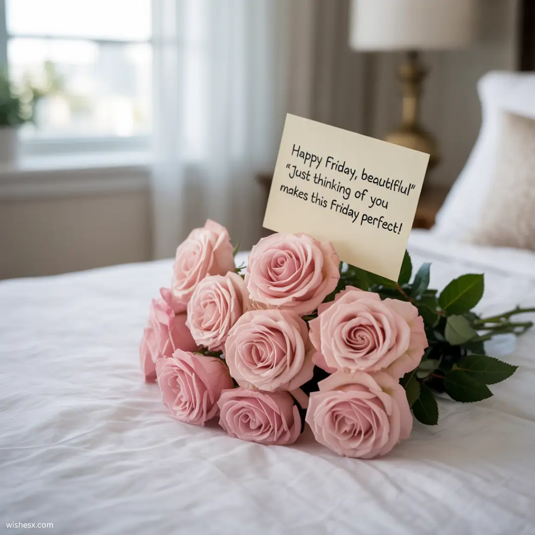  Pink roses arranged on a bed beside a card that reads "Happy Father's Day."