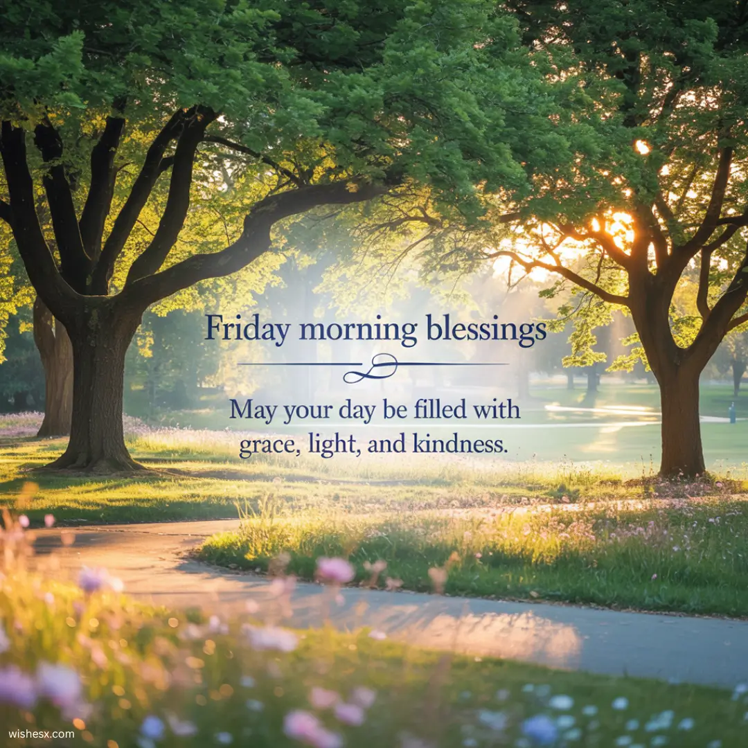 Text graphic wishing blessings of grace, light, and kindness for a joyful Friday morning.