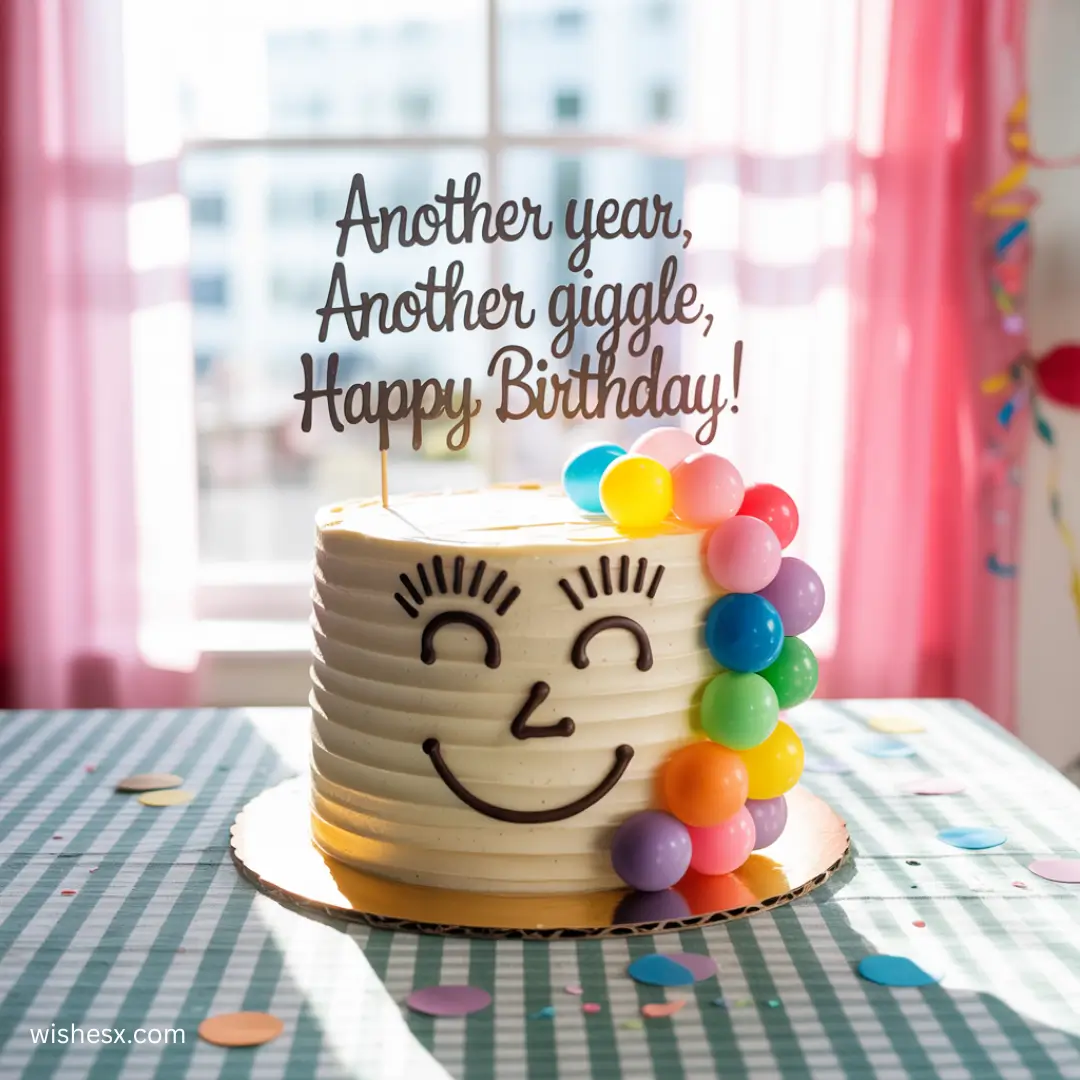 Cheerful birthday cake with a smiling face, colorful balloon decorations, and a topper that reads, “Another year, another giggle, Happy Birthday!”