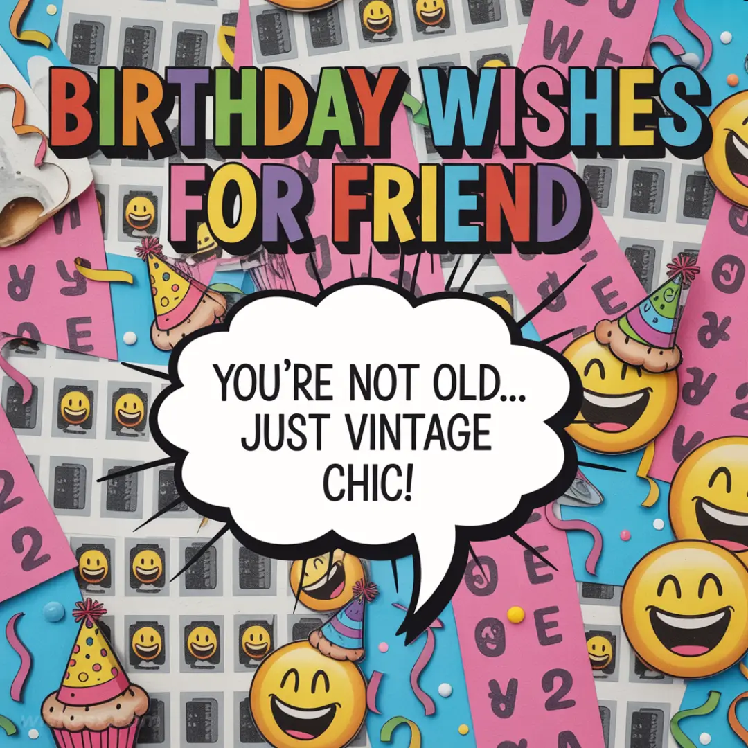 Colorful birthday card with the message "Birthday Wishes for Friend" and "You're not old, just vintage chic!" Includes cheerful emojis and party hats.
