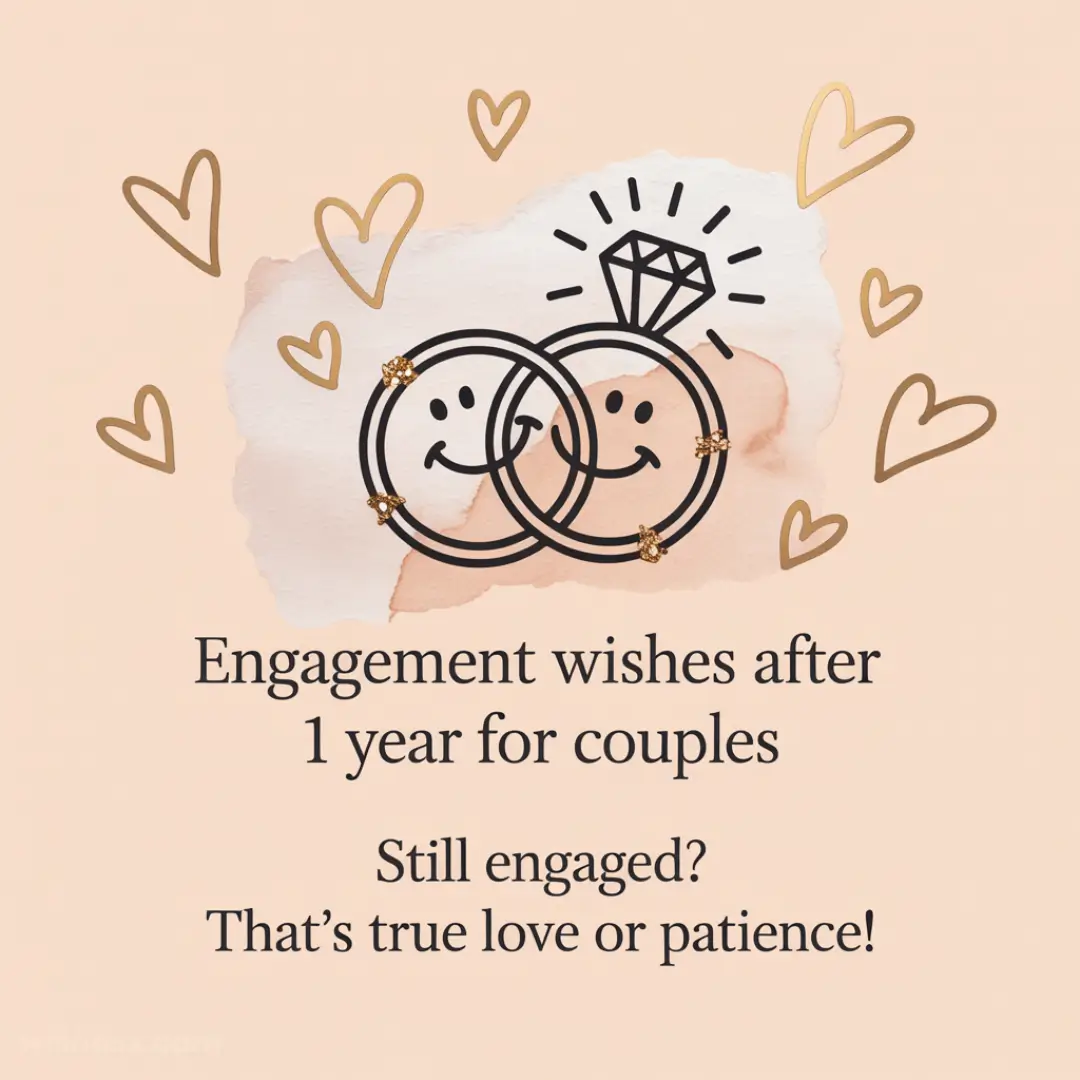 Two smiling rings with a diamond overlap against a peach background with hearts. Text: "Engagement wishes after 1 year. Still engaged? That’s true love or patience!"