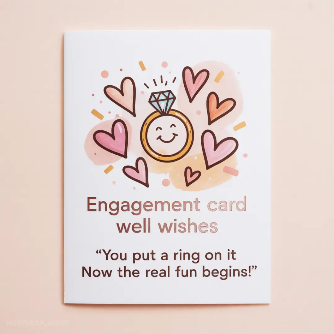 Engagement card featuring a smiling ring with a diamond and surrounded by pink hearts on a peach background. Text reads, “Engagement card well wishes. You put a ring on it. Now the real fun begins!”