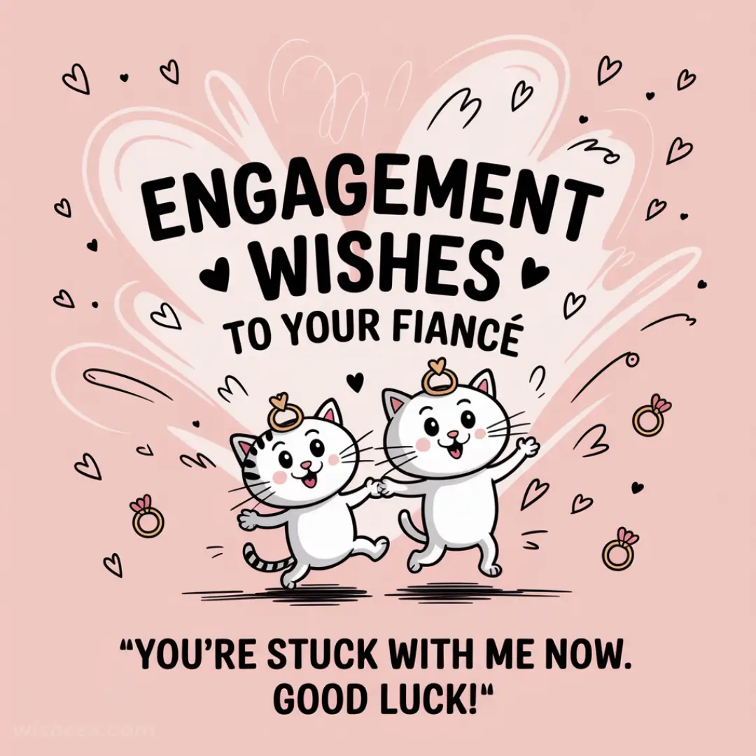Two cartoon cats with engagement rings dance joyfully on a pink background. Surrounding text reads, "Engagement wishes to your fiancé. 'You're stuck with me now. Good luck!'" Hearts and rings add a playful tone.