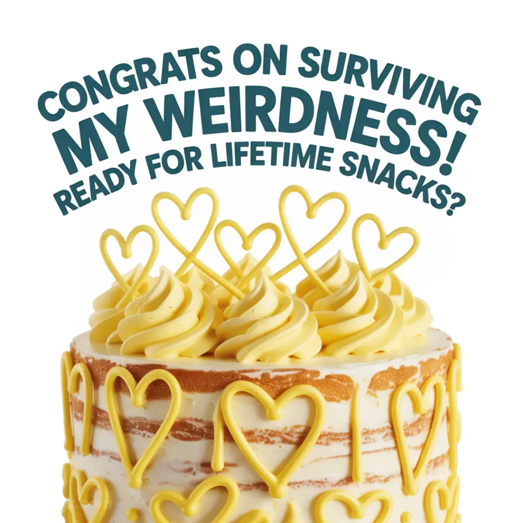 Yellow cake with heart decorations and yellow frosting swirls. Text above reads, "Congrats on surviving my weirdness! Ready for lifetime snacks?" Playful tone.