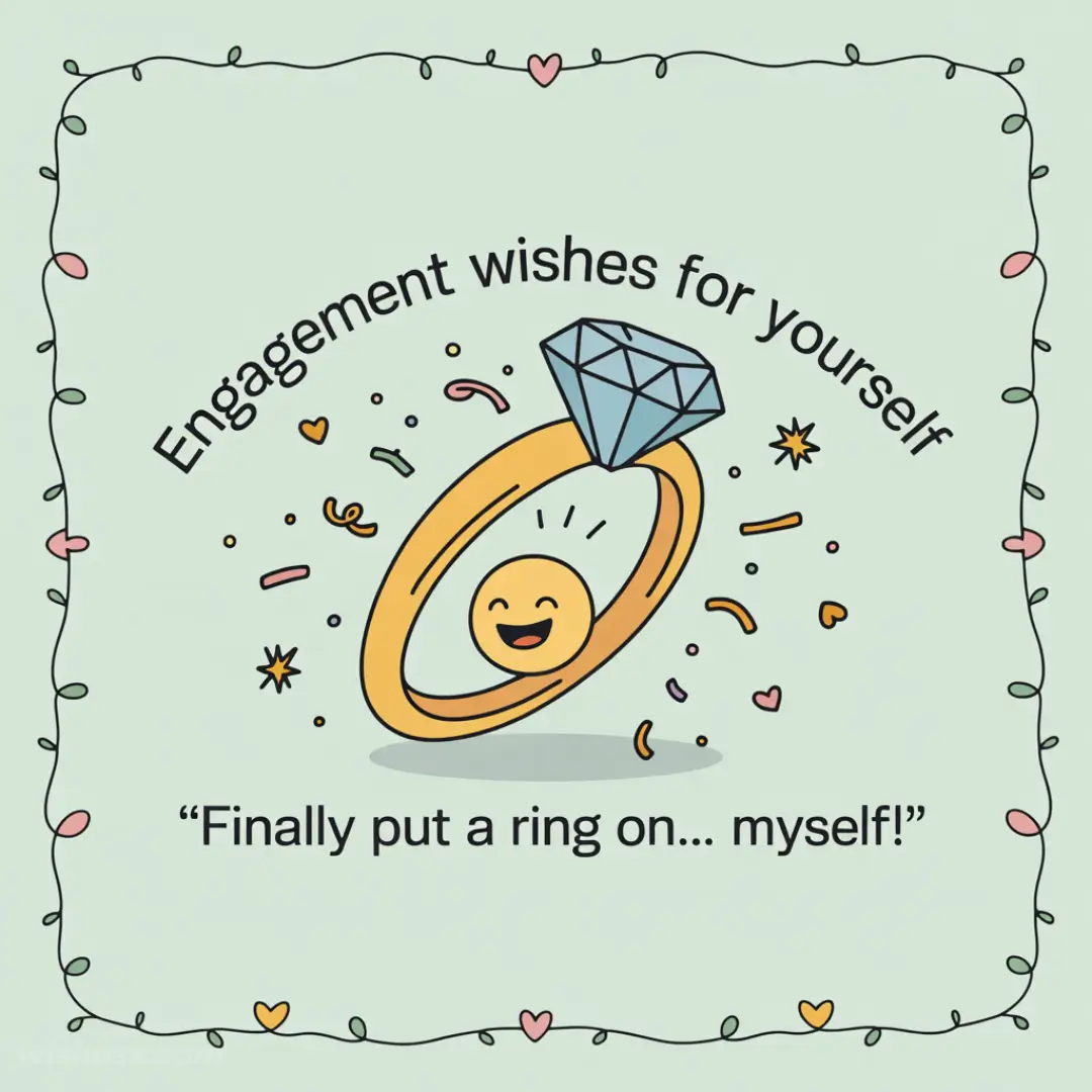 A playful illustration featuring a diamond ring with a smiling face, surrounded by confetti. Text: "Engagement wishes for yourself. Finally put a ring on... myself!"