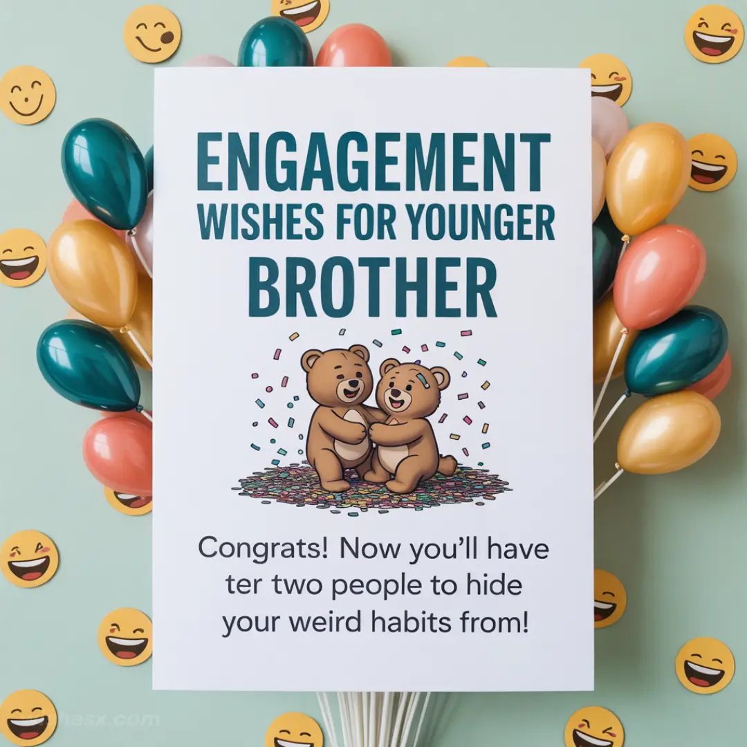 Engagement card with two smiling cartoon bears surrounded by confetti. The message reads: "Engagement wishes for younger brother." Balloons and smiley faces in the background convey a joyful tone.