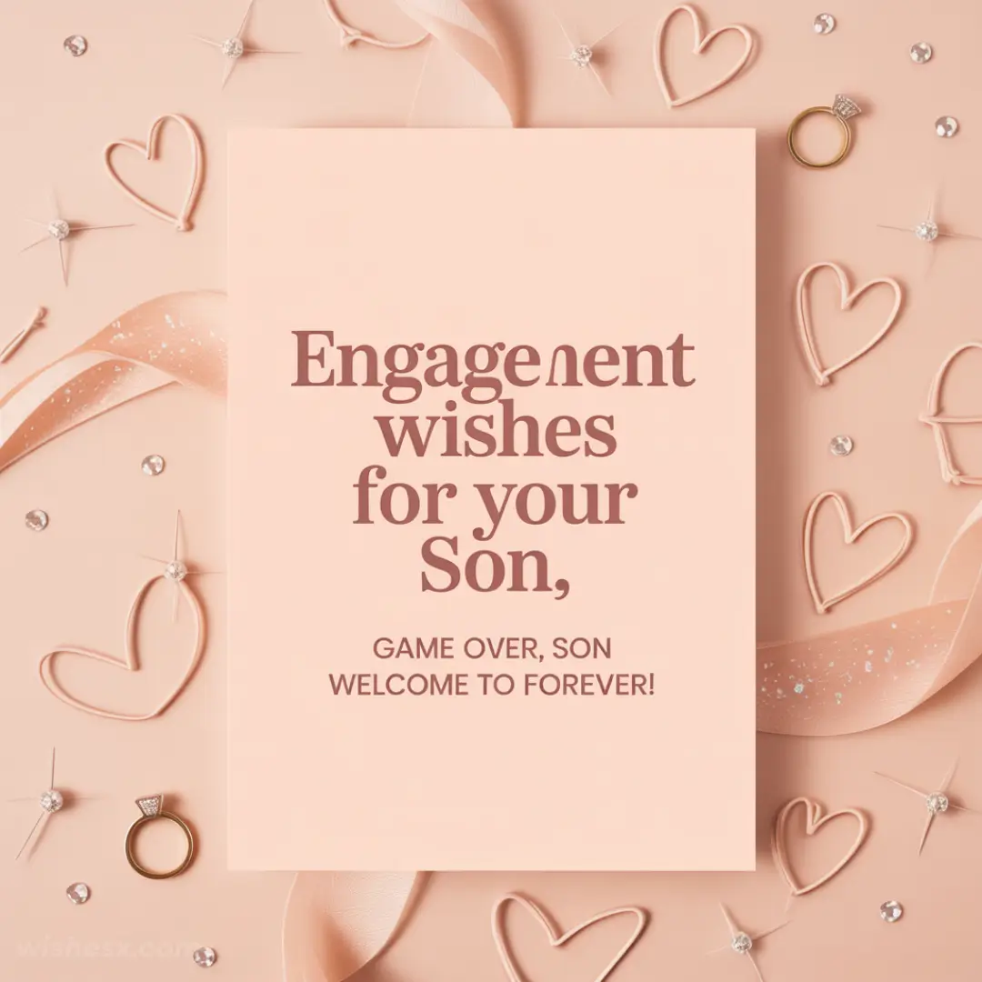 Engagement card with pink background, hearts, and rings, reads "Engagement wishes for your Son, Game Over, Son Welcome to Forever!" Playful and celebratory.