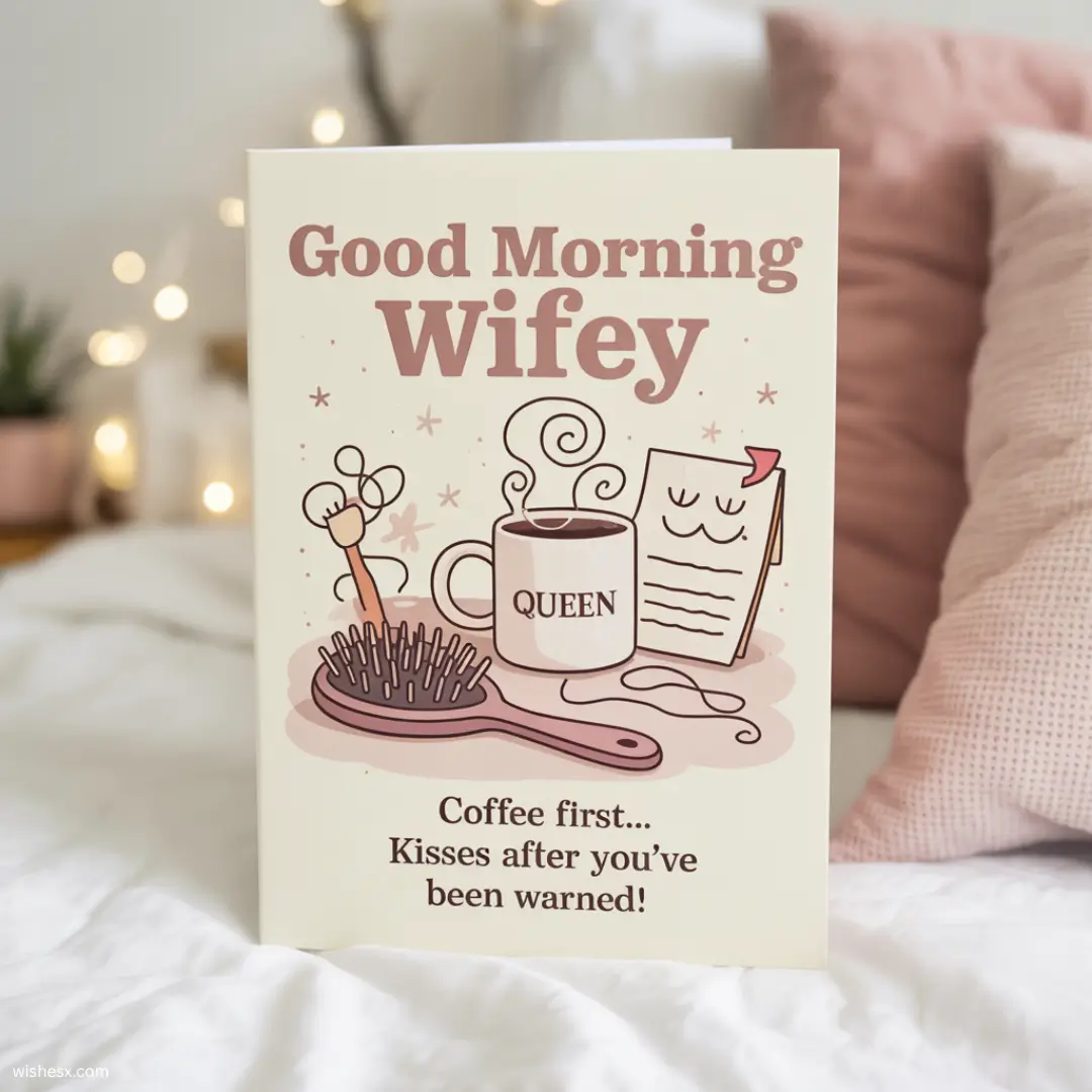  A greeting card that says "Good Morning Wifey" with a cheerful design, perfect for expressing love and affection.