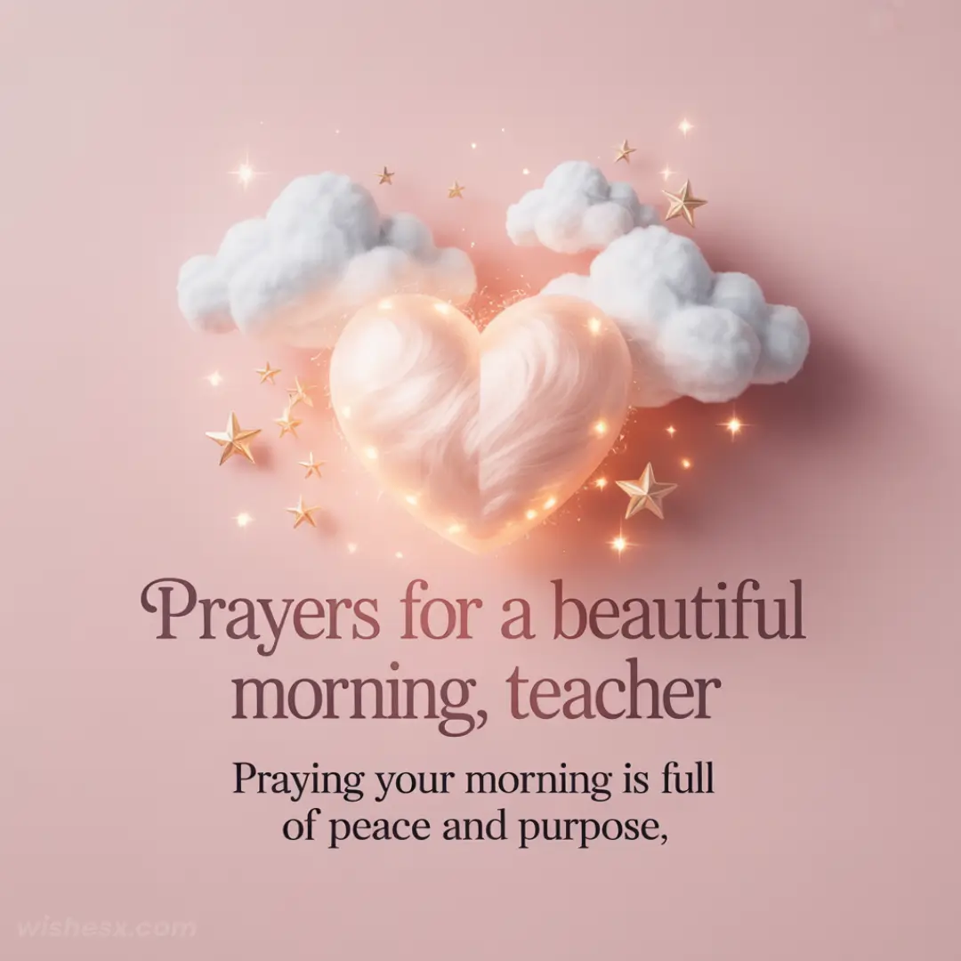 Heart-shaped cloud surrounded by stars on a pink background. Text reads, "Prayers for a beautiful morning, teacher. Praying your morning is full of peace and purpose."