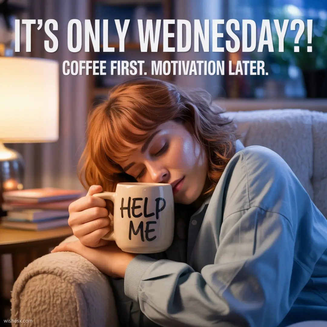  A humorous coffee-themed graphic stating, "It's only Wednesday? Coffee first, motivation later."