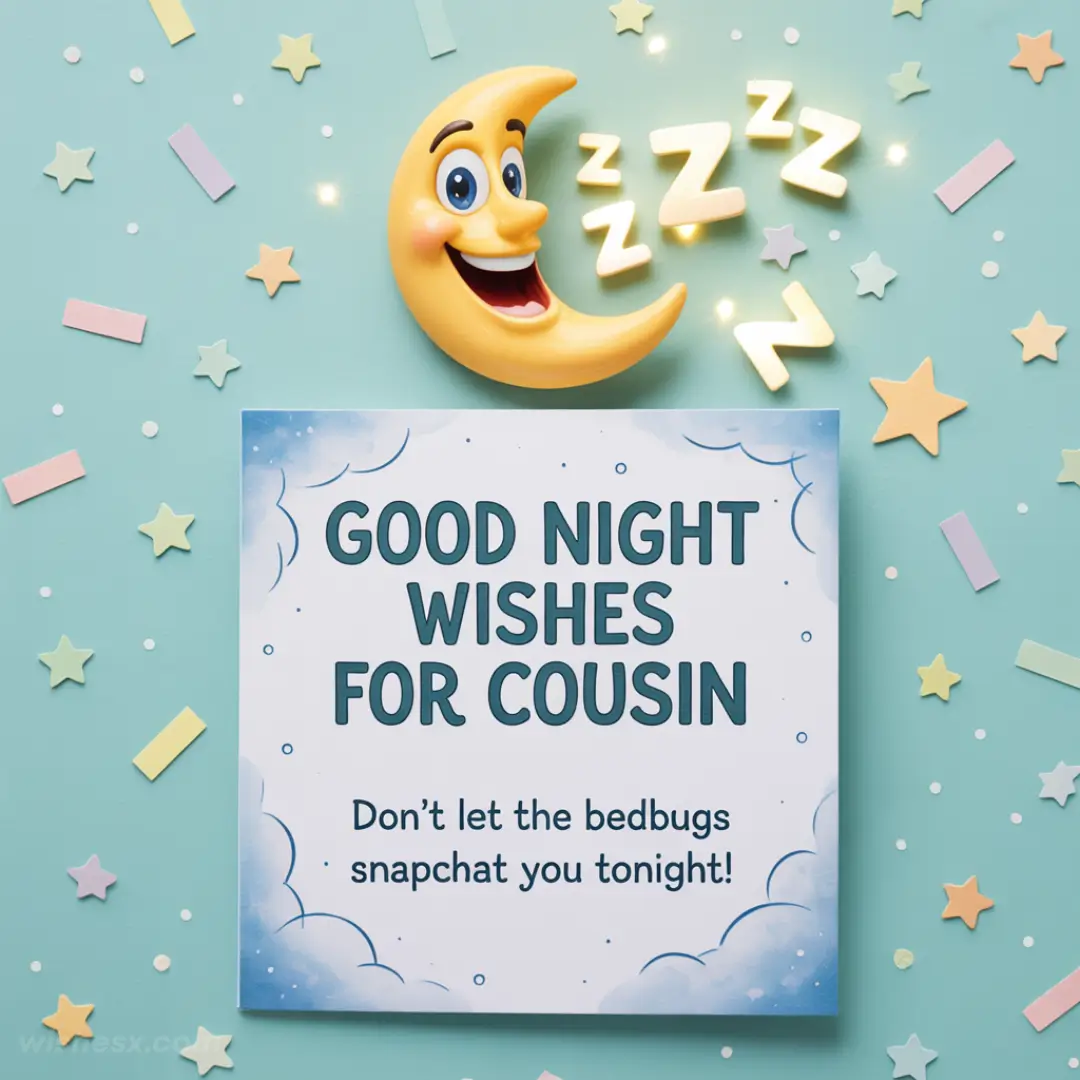 Smiling crescent moon with glowing z's above a card saying "Good night wishes for cousin. Don’t let the bedbugs snapchat you tonight!" Stars sprinkled around.