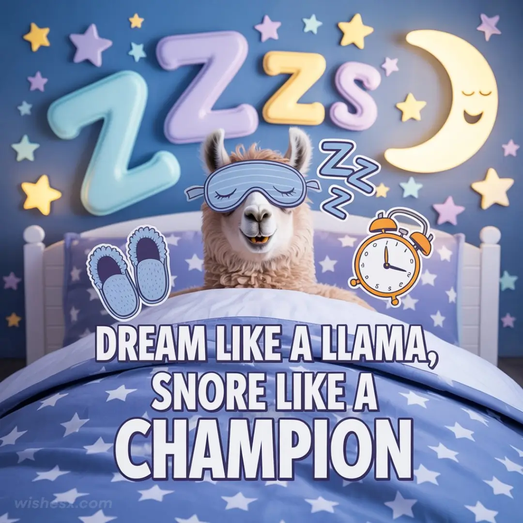 Llama sleeping in bed with text: "Dream like a llama, snore like a champion."
