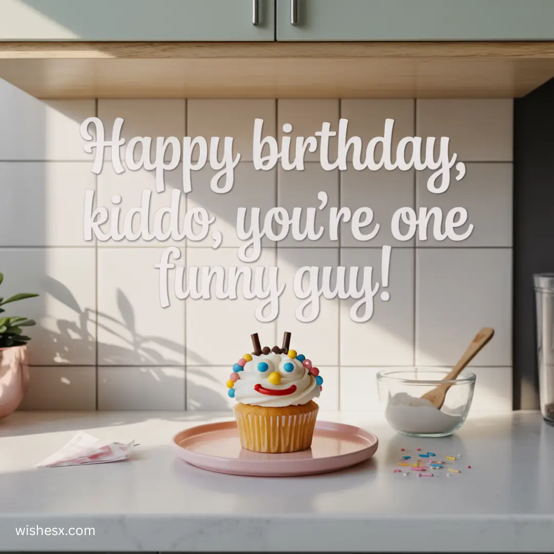Cupcake with a smiling clown face sits on a pink plate in a sunny kitchen. Text reads, “Happy birthday, kiddo, you’re one funny guy!”