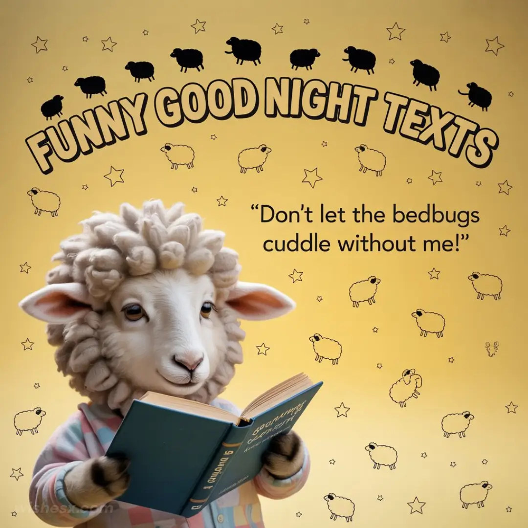 A sheep reading a book titled "Funny Good Night Texts," surrounded by a cozy nighttime setting.
