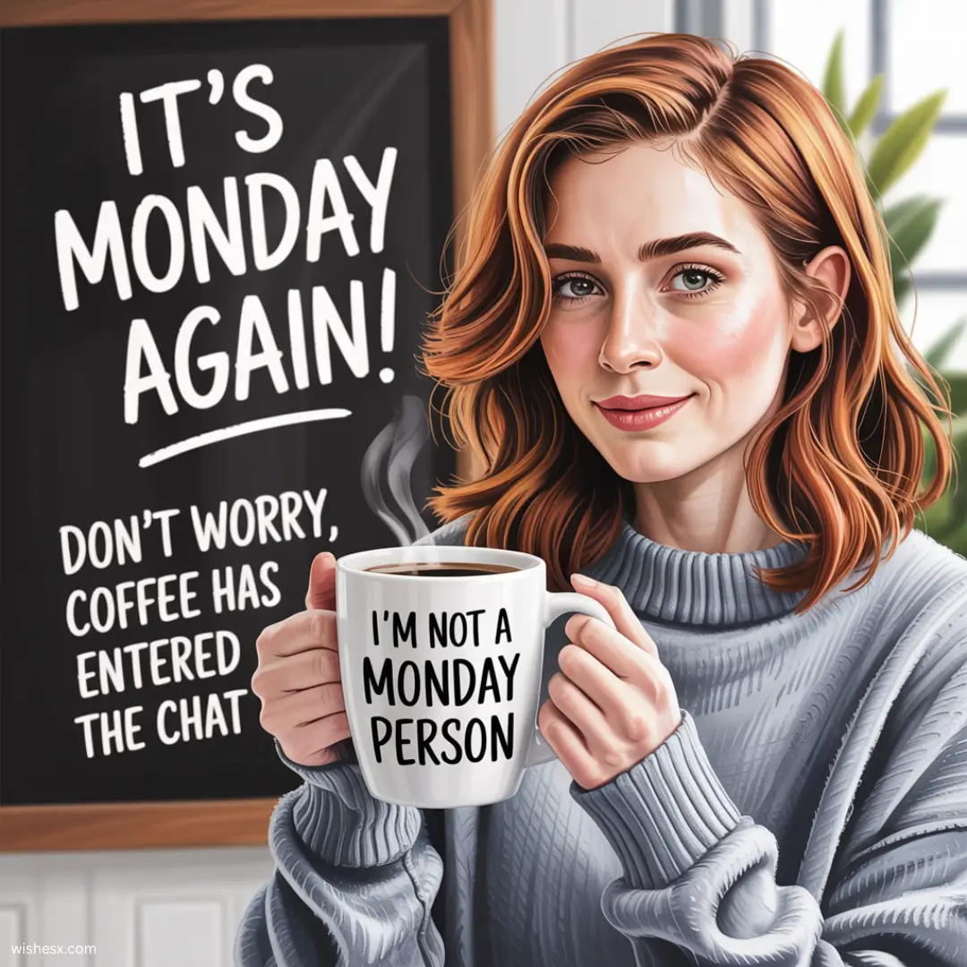 A woman holds a coffee mug that reads "It's Monday again," expressing her feelings about the start of the week. 