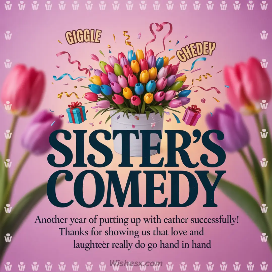 A vibrant bouquet of colorful tulips, surrounded by confetti and presents, with the words "Sister's Comedy" suggesting humor and celebration.