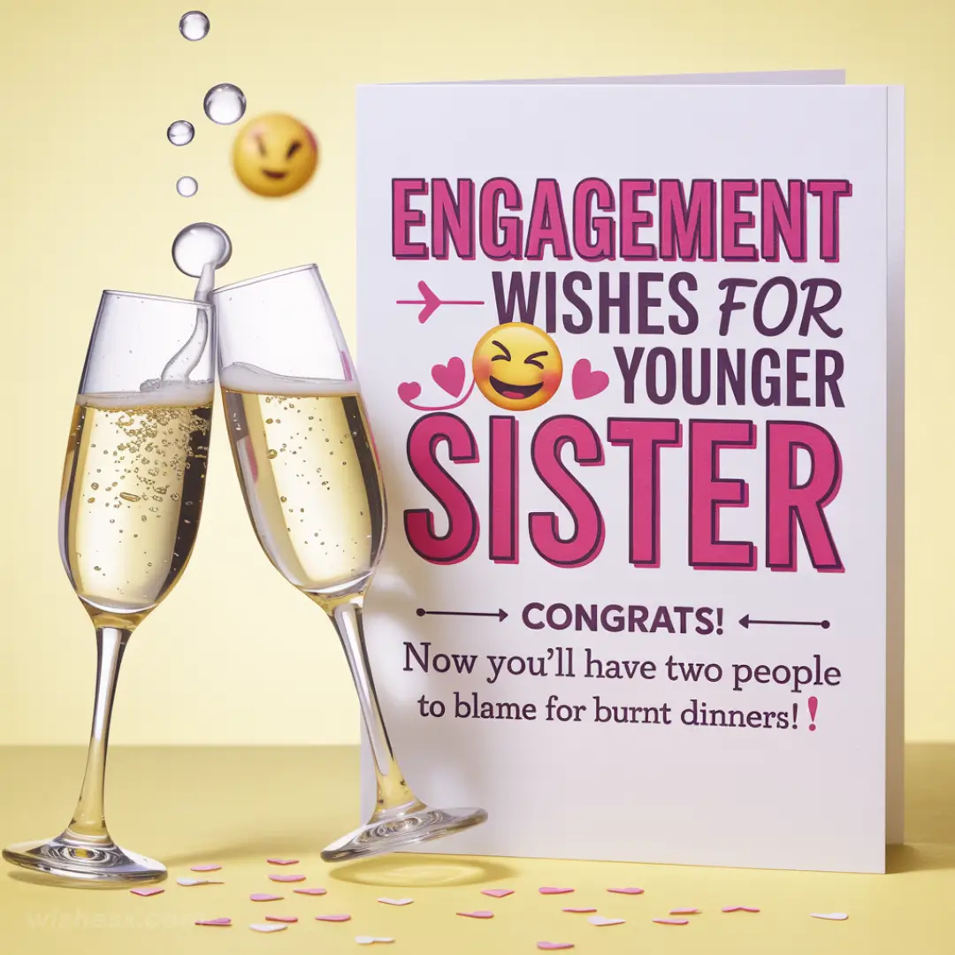 Celebratory engagement card for a younger sister next to two clinking champagne glasses. The card features playful text and cheerful emojis on a yellow background.