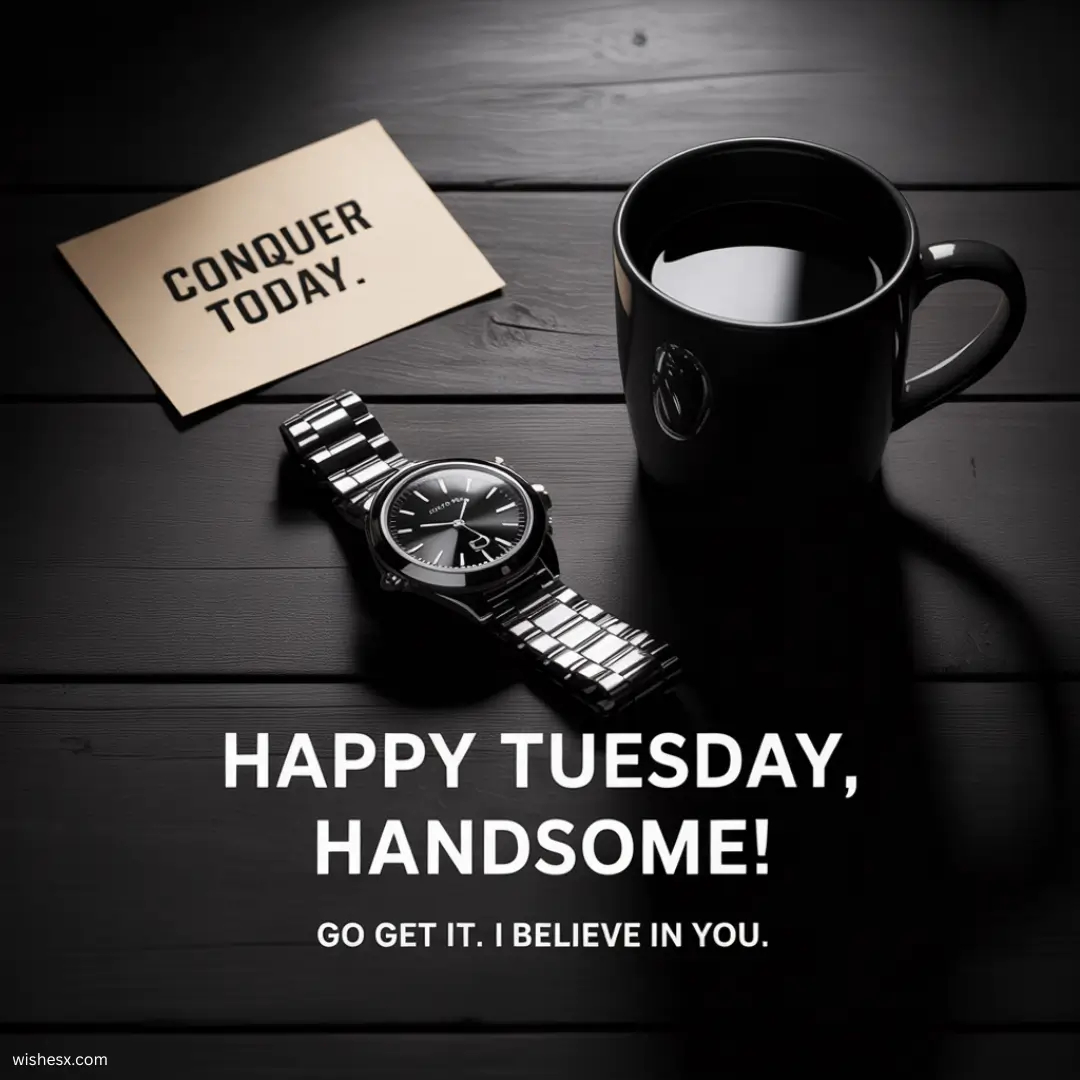  A cheerful greeting card with the text "Happy Tuesday, Handsome" in elegant font against a colorful background.
