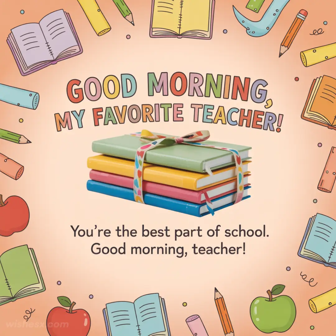 Illustration of colorful books tied with a ribbon, surrounded by school-themed doodles, with text: "Good Morning, My Favorite Teacher!" Evokes warmth and appreciation.