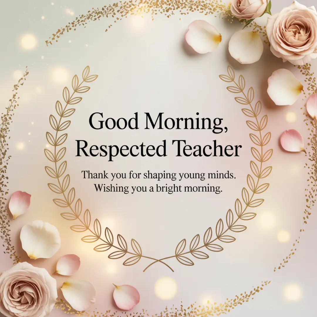 A heartfelt Good Morning Message to School Teacher is framed by a golden laurel wreath and surrounded by soft pink roses and petals, evoking gratitude and warmth.

