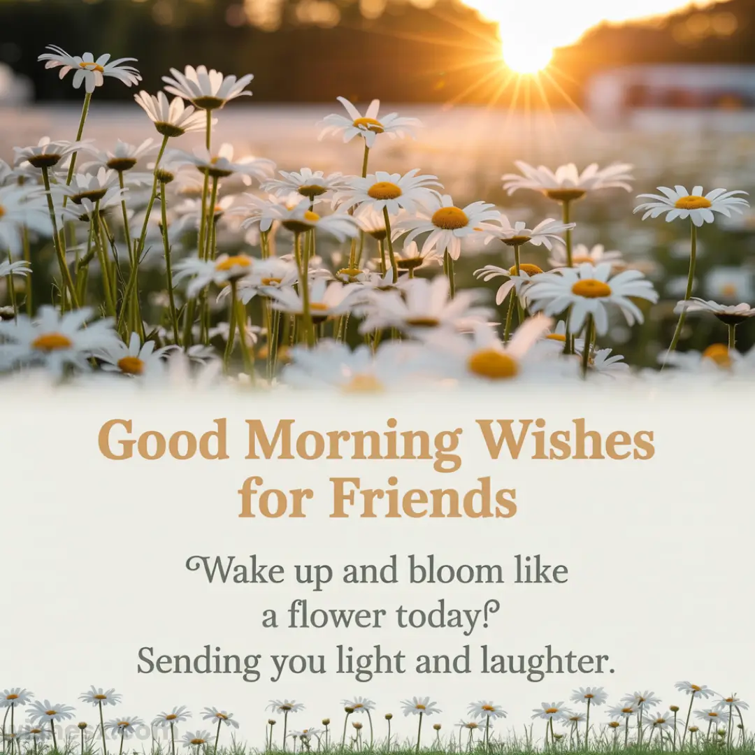 A field of daisies at sunrise with sunlight streaming through, and a message below: Good Morning Wishes for Friends. Wake up and bloom like a flower today! Sending you light and laughter.