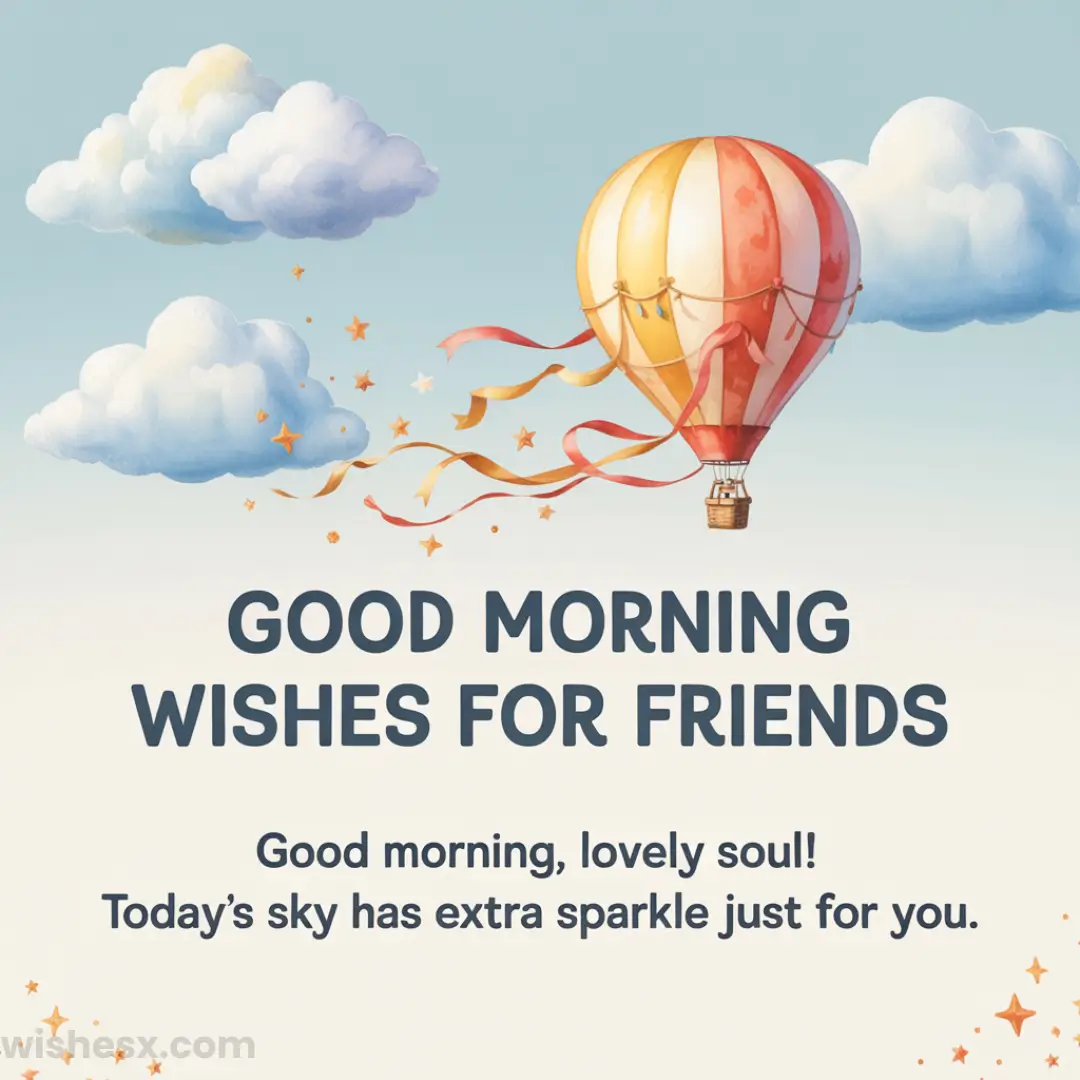 A hot air balloon floats among fluffy clouds in a pastel sky with sparkles. Text reads: Good Morning Wishes For Friends. Good morning, lovely soul! Today’s sky has extra sparkle just for you.