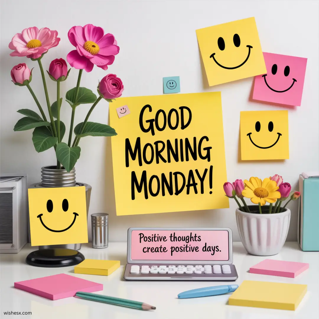  A cheerful greeting image with the text "Good Morning Monday" in bright colors against a sunny background.