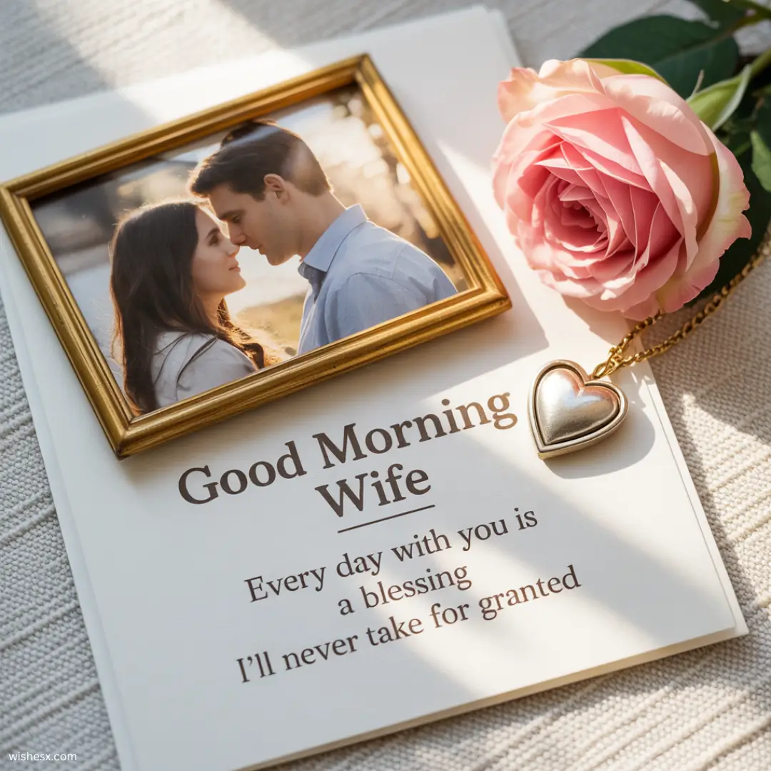 A greeting card that says "Good Morning, Wife" with a floral design and warm colors.