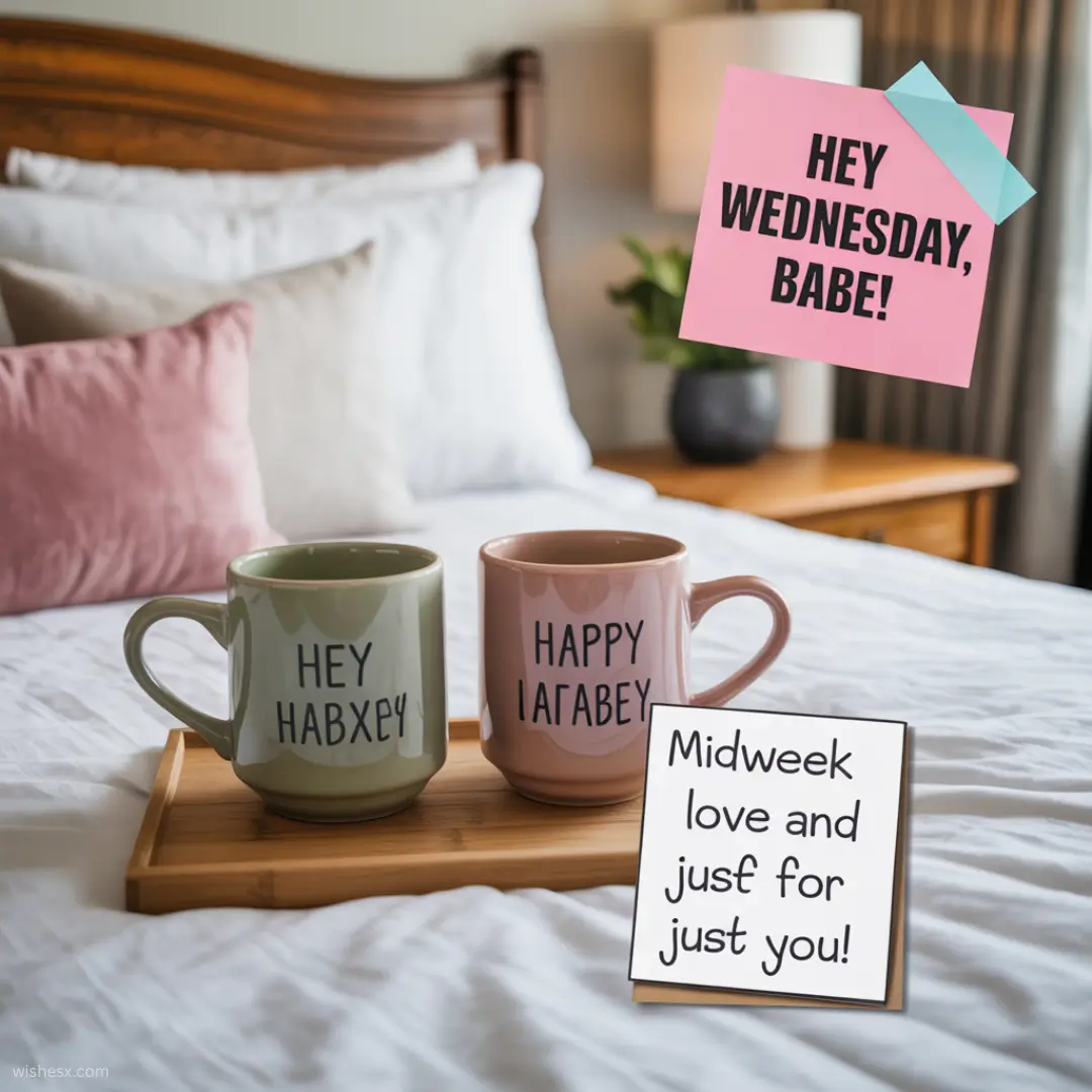  Two coffee mugs on a bed beside a sign that reads "Hey Wednesday Babe," creating a cozy morning atmosphere.