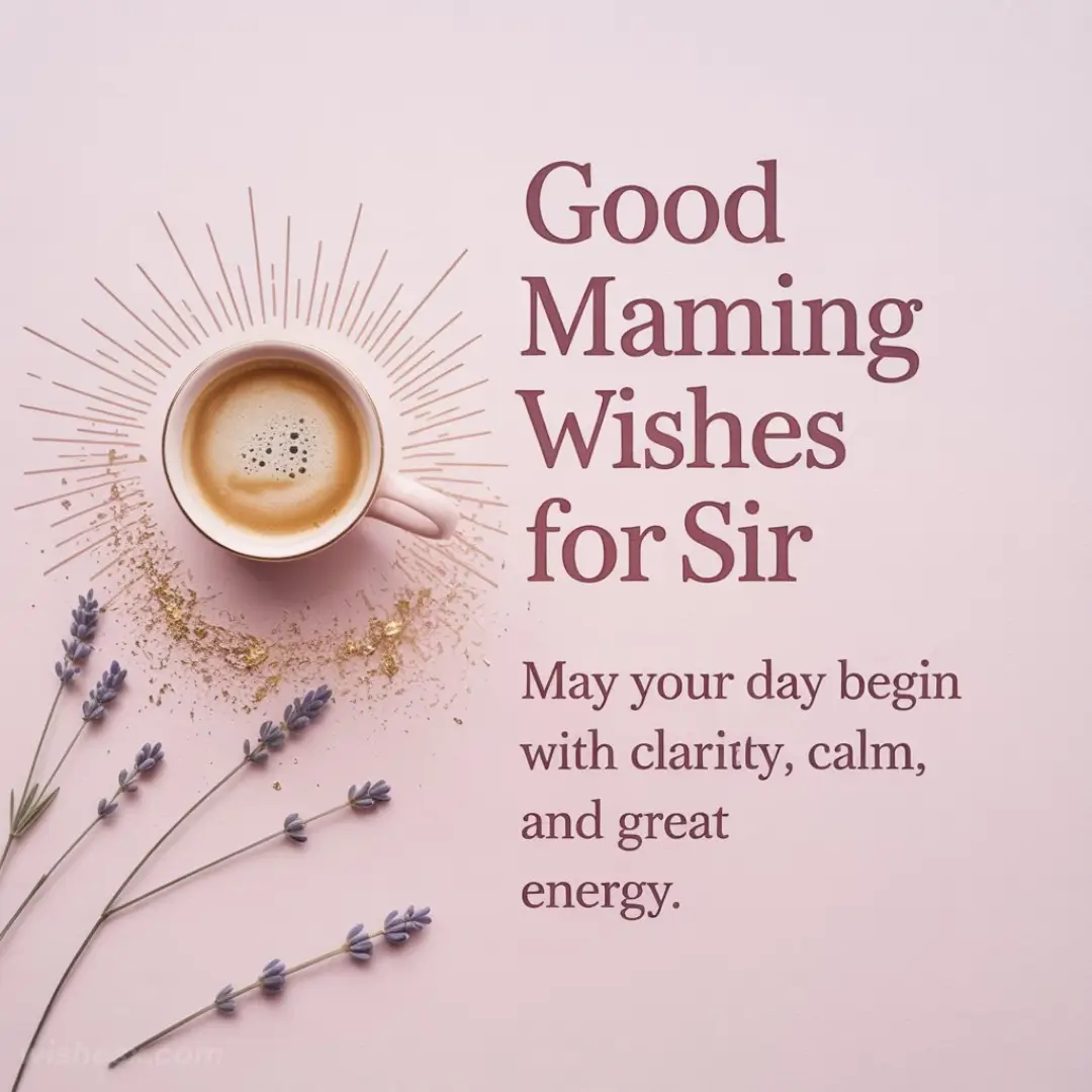 A cup of coffee with rays emanating like sunshine sits on a pink background. Nearby are lavender sprigs. Text reads, "Good Morning Wishes for Sir. May your day begin with clarity, calm, and great energy."