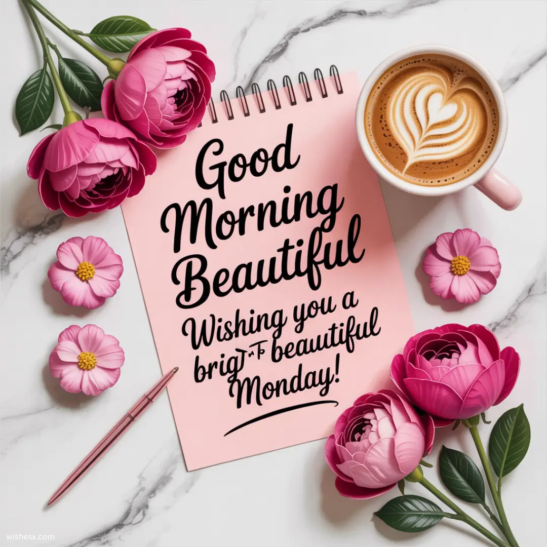 A bright morning scene with the text "Good morning, beautiful Monday" overlaying a sunny landscape.