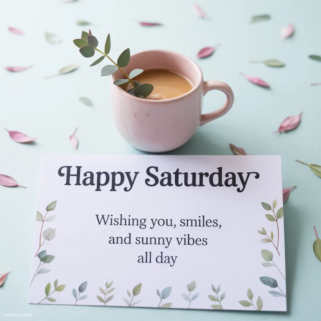 Colorful card with the text "Happy Saturday" in playful font, surrounded by cheerful illustrations of flowers and sunshine.
