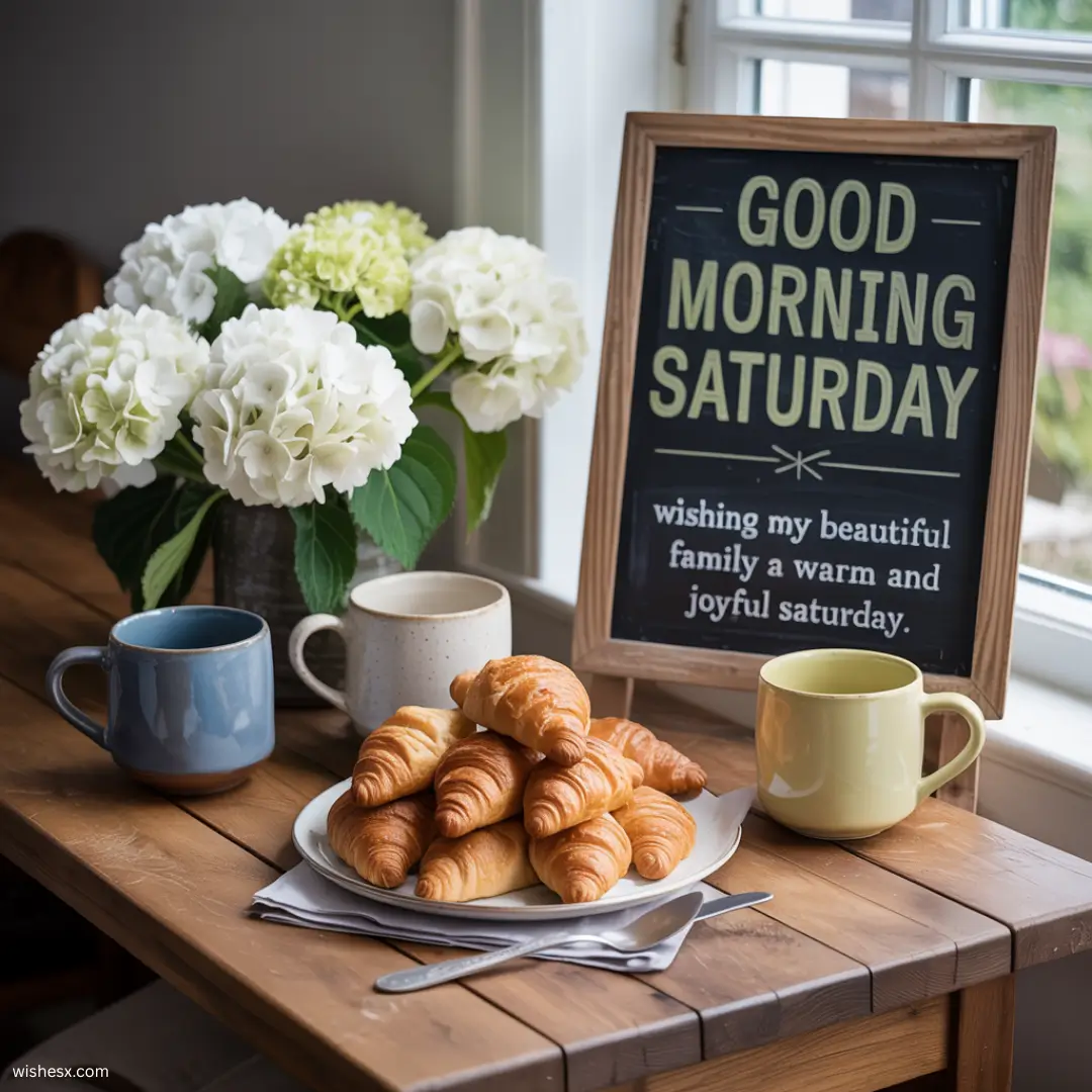  A bright morning scene with sunlight streaming through a window, conveying a cheerful Saturday atmosphere.