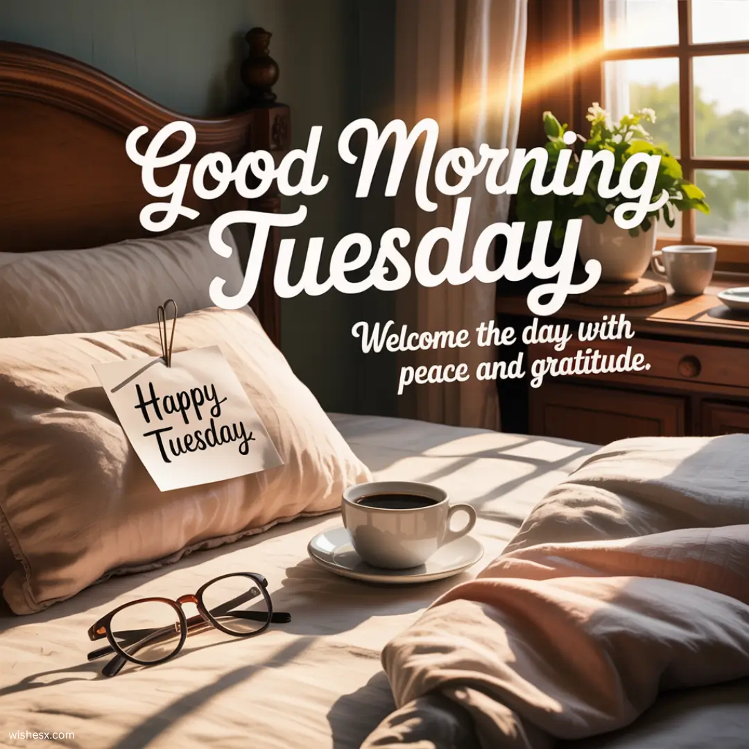  A cheerful graphic displaying the text "Good Morning Tuesday" with a bright sun and blue sky background.