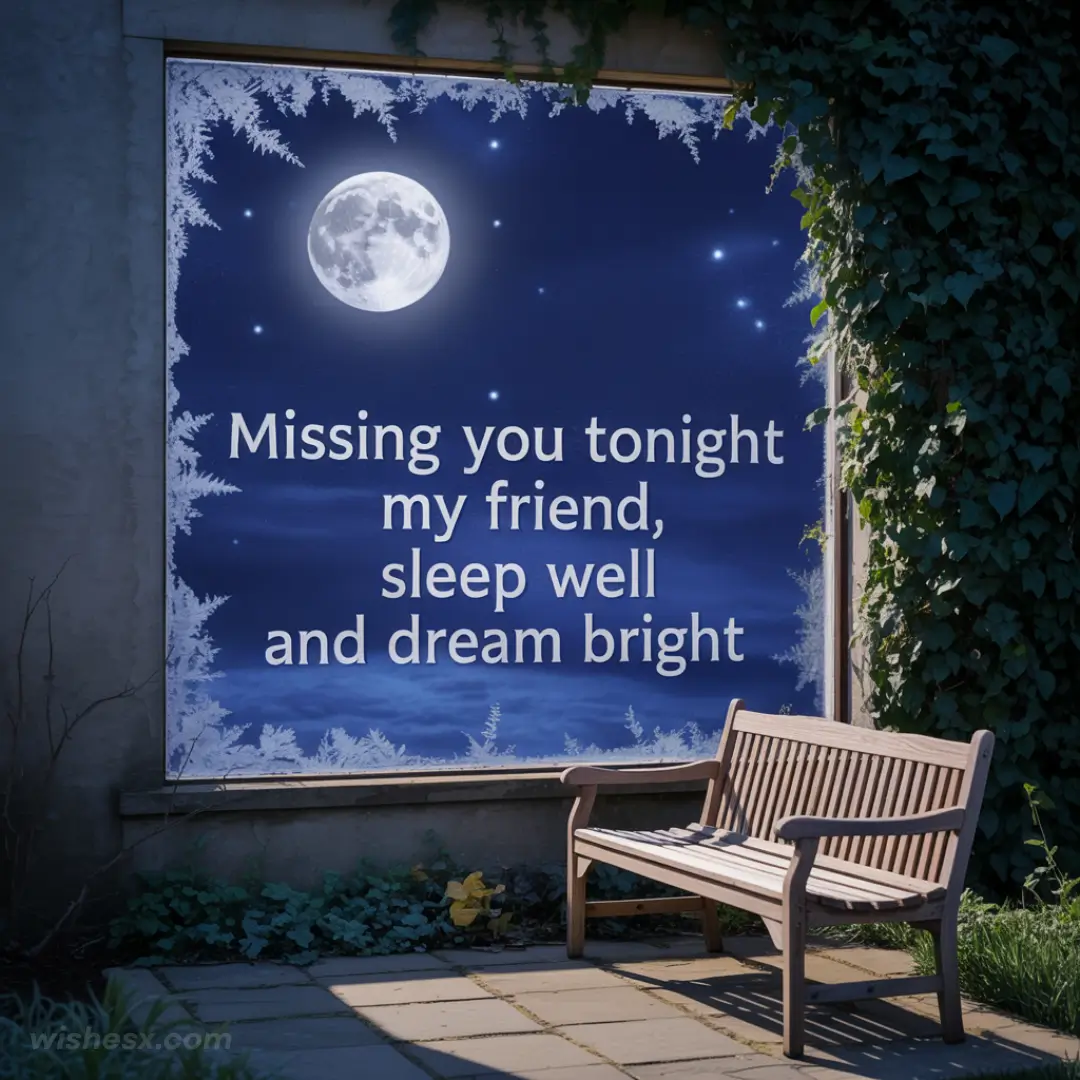 A serene bench beside a window, framed by a night sky filled with a glowing moon and twinkling stars.